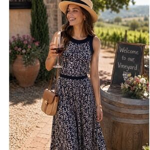 Perceptions New York Blue White Floral Pintuck Sleeveless Midi Dress Belted L